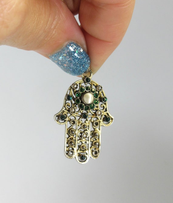 Antique Hungarian silver gem set Hamsa hand penda… - image 5