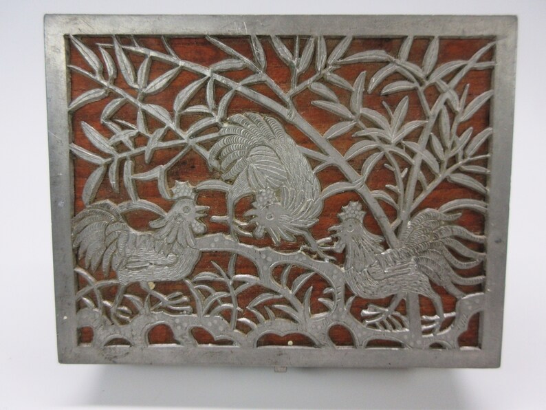 Rooster Inlay Antique Chinese Kut Hing Miniature Advertising Pewter and Wood Steam ...