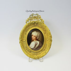 Antique hand painted porcelain portrait plaque in lavish bronze frame of Beatrice Cenci after Guido Reni