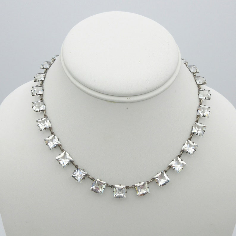 Art Deco sterling silver and square cut crystal necklace with engraved back