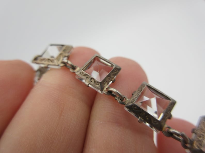 Art Deco sterling silver and square cut crystal necklace with engraved back
