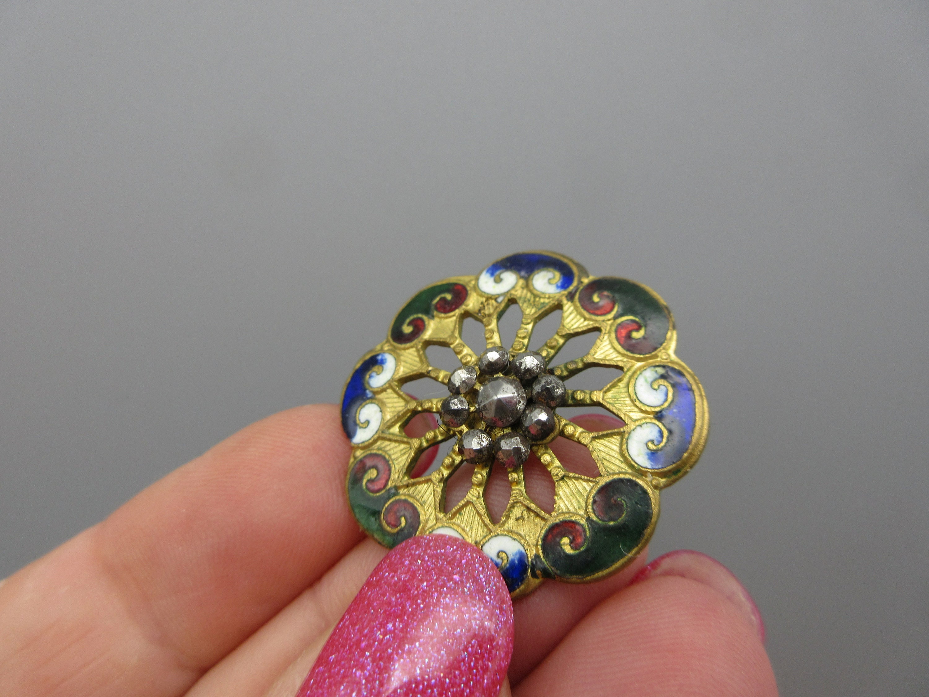 Antique Pretty Champleve Enamel and Cut Steel Button 1 1/4