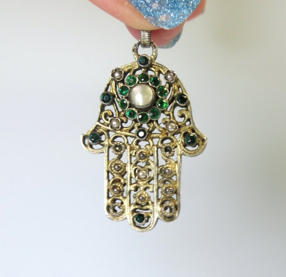 Antique Hungarian silver gem set Hamsa hand penda… - image 1