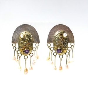 Vintage large 1980&#39;s Artisan sterling silver earrings with amethyst stone and pearls