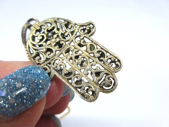 Antique Hungarian silver gem set Hamsa hand penda… - image 4