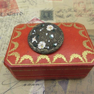 Large antique enameled brass button with morning glory flowers 1 1/4&quot;