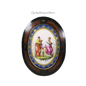 Antique hand painted framed Paris porcelain portrait plaque of 2 Goddesses and a cherub