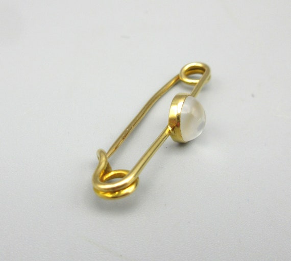 Vintage 14k gold and moonstone safety pin brooch - image 3