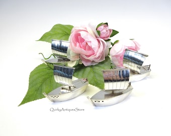 Antique Japanese .950 Sterling Silver Sailing Boat Salt & Pepper Shakers, Set of 4