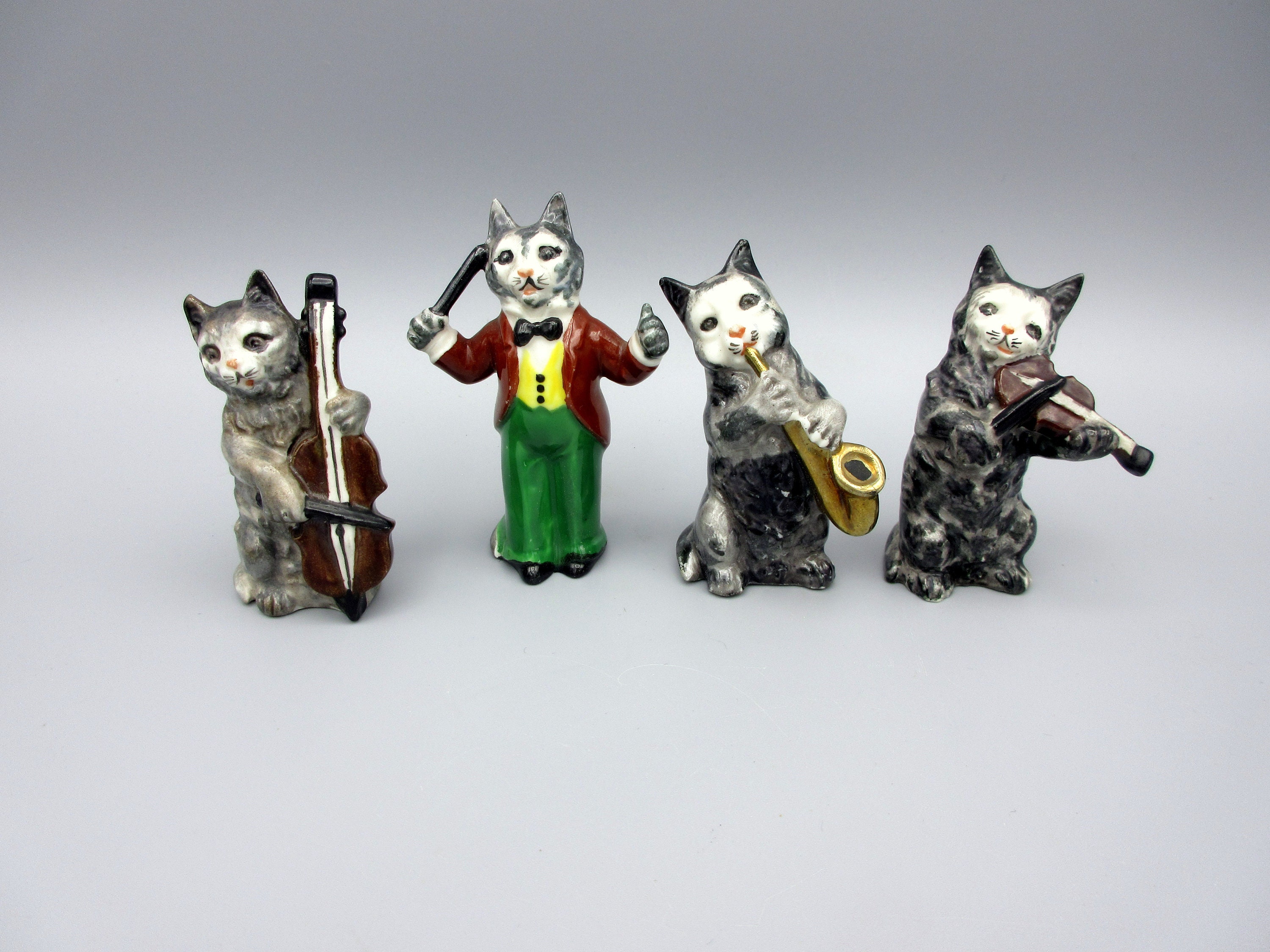 Set of 4 Vintage Dresden Porcelain Dressed Cat Musical Band Member