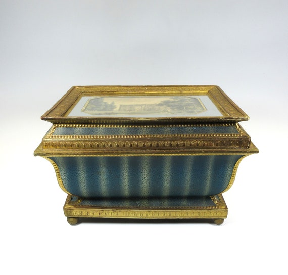 Huge antique French paper and glass casket box wi… - image 1