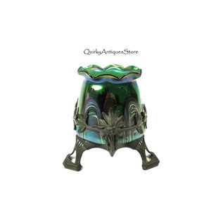 Antique Art Nouveau art glass vase in colored pewter frame holder