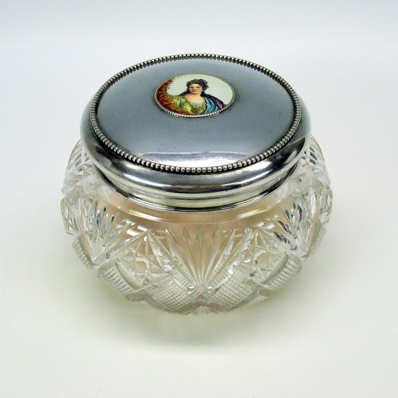 Antique Gorham sterling silver /& cut glass dresser jar box with enamel portrait