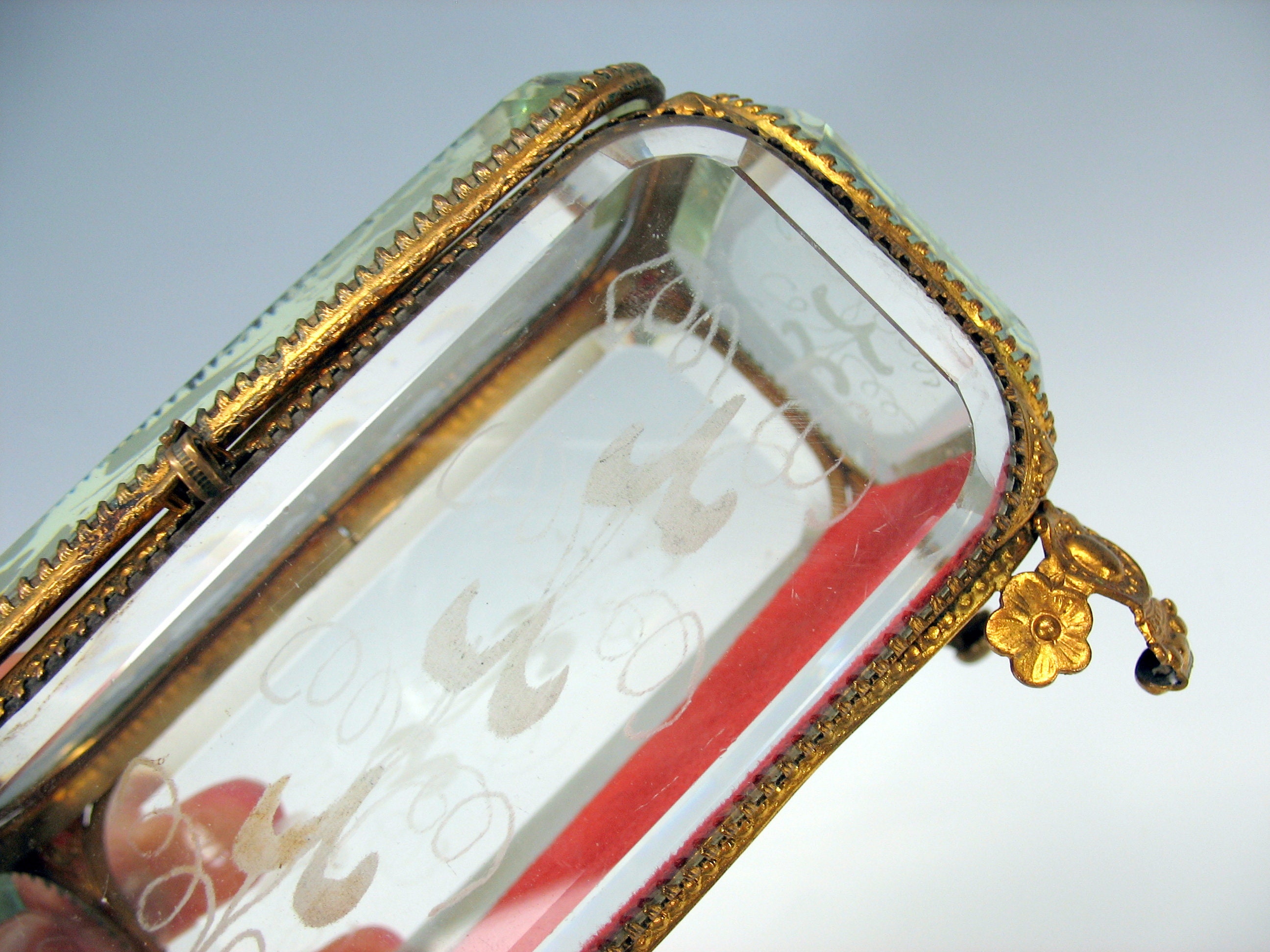 Large 19th Century antique engraved glass dresser box casket with Bird