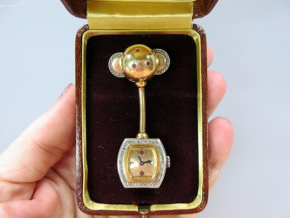 Vintage 18k gold diamond and ruby Atomic Age lapel