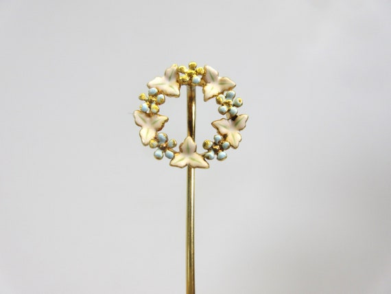 Antique 14k gold and enamel circle leaf stick pin - image 3