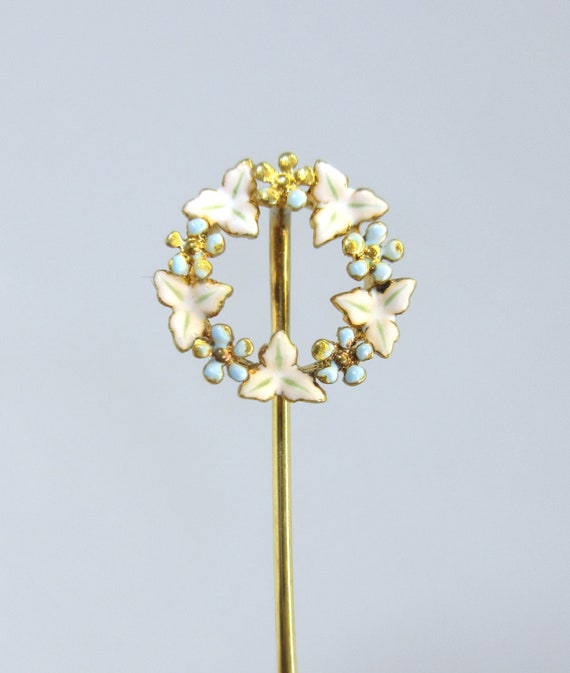 Antique 14k gold and enamel circle leaf stick pin - image 1