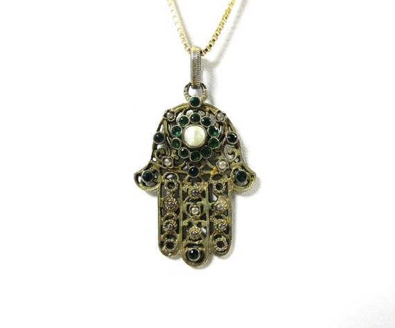 Antique Hungarian silver gem set Hamsa hand penda… - image 3