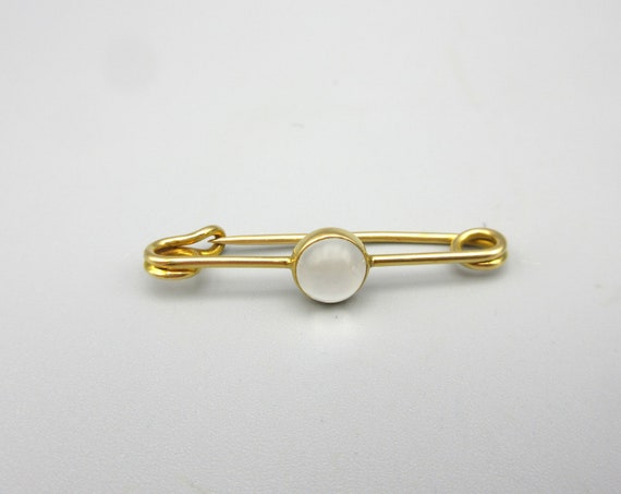 Vintage 14k gold and moonstone safety pin brooch - image 2