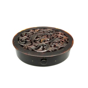 Antique Victorian carved faux tortoiseshell box with reticulated lid