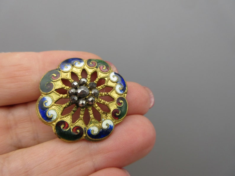 Antique Pretty Champleve Enamel and Cut Steel Button 1 1/4