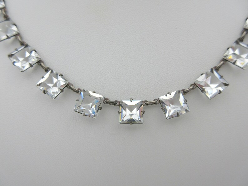 Art Deco sterling silver and square cut crystal necklace with engraved back