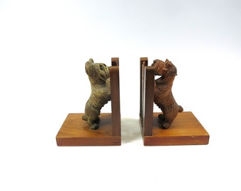 Great pair of vintage Anri carved wood Terrier dogs at fence bookends