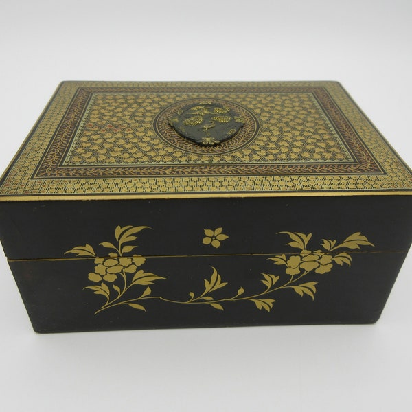 Fine antique Japanese Meiji period lacquer box with inset Shakudo plaque on lid