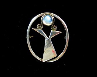 Vintage Mid Century Modern abstract sterling silver & moonstone brooch signed Re