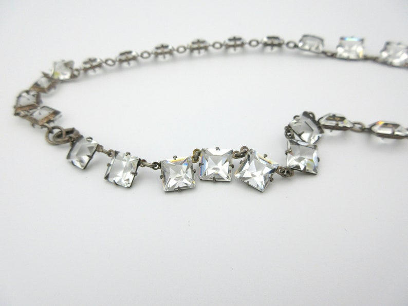 Art Deco sterling silver and square cut crystal necklace with engraved back