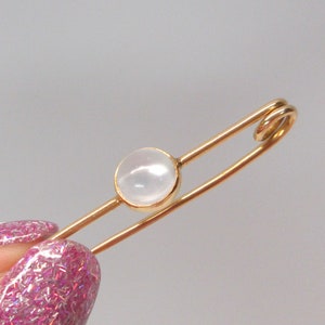 Vintage 14k gold and moonstone safety pin brooch image 5