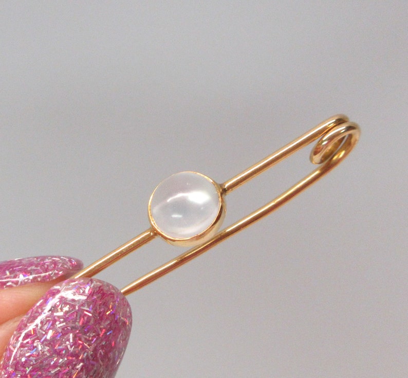 Vintage 14k gold and moonstone safety pin brooch image 5