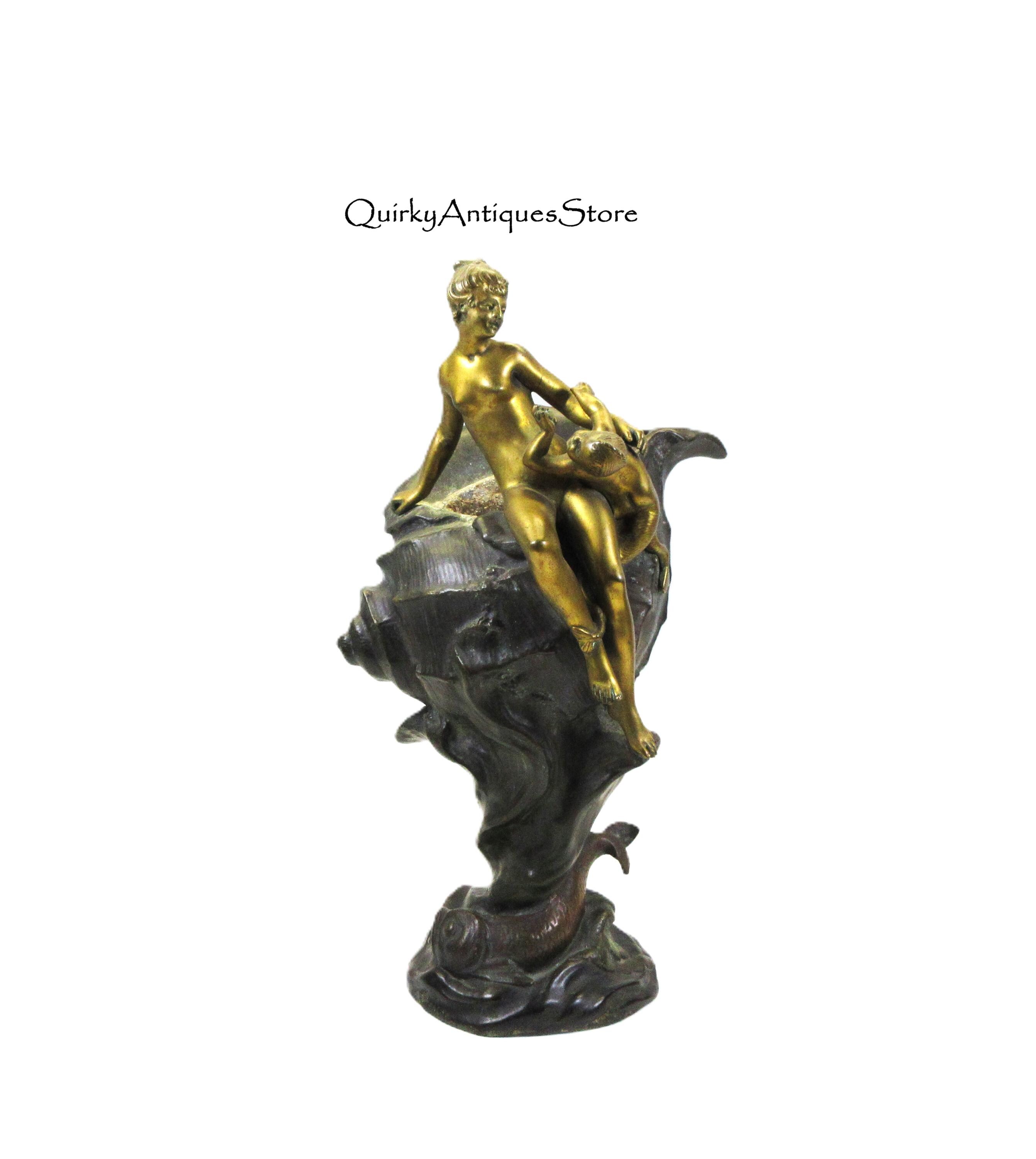 ON HOLD-Large antique French Art Nouveau bronze Sea Nymph on shell with Merbaby vase signed Francoise Mage