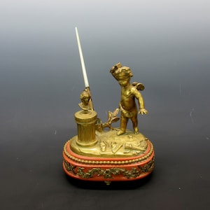 Antique French signed H. Perrot gilded bronze Cherub Sculptor figural inkwell desk stand