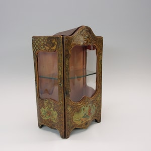 Antique miniature tin litho Fashion doll vitrine display cabinet