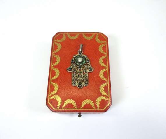 Antique Hungarian silver gem set Hamsa hand penda… - image 2