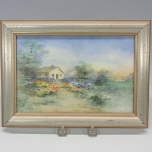 Vintage hand painted scenic Cottage framed porcelain tile