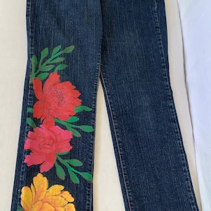 Yellow & Pinkish Red Peonies w/ green accent leaves. Hand painted on the right leg only on up-cycled 505 sz 8 jeans,with Love.