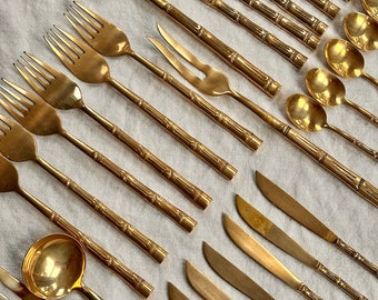 Vintage 1970s Bamboo Bronze Cutlery Set | Vintage Cutlery | Bamboo Cutlery | 1970s Cutlery Set | Gold Bamboo | Bamboo Gold Cutlery Set