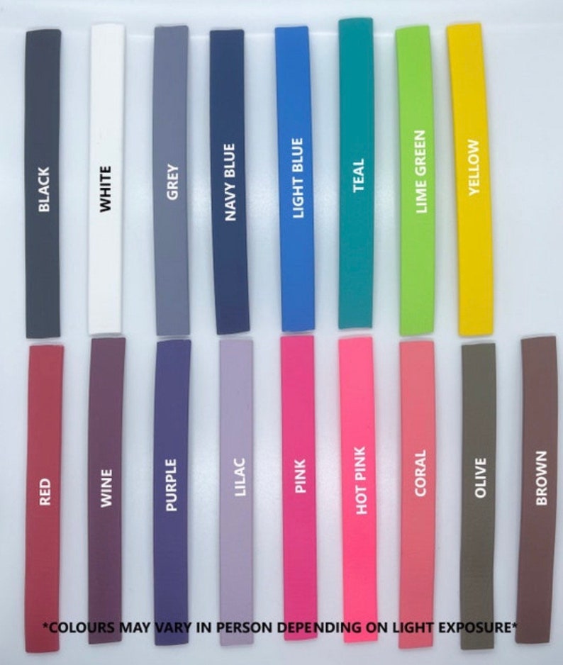 May include: A color chart showing 18 different colors of polymer clay. The colors are arranged in two rows of nine. The colors are: black, white, grey, navy blue, light blue, teal, lime green, yellow, red, wine, purple, lilac, pink, hot pink, coral, olive, and brown.