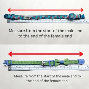 May include: Two images showing how to measure a cat collar. The first image shows a blue and green patterned collar with a bell and a buckle. The second image shows a green and blue patterned collar with a bow tie and a buckle. Both images show a ruler with arrows indicating the measurement points.