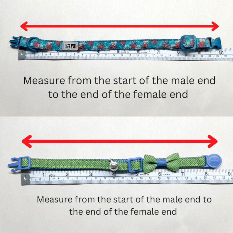 May include: Two images showing how to measure a cat collar. The first image shows a blue and green patterned collar with a bell and a buckle. The second image shows a green and blue patterned collar with a bow tie and a buckle. Both images show a ruler with arrows indicating the measurement points.