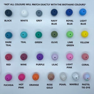 May include: A chart showing 20 different colors of round beads. The colors are labeled with their names, including black, white, grey, navy blue, royal blue, light blue, dark teal, teal, green, olive, lime green, yellow, red, wine, purple, lilac, light pink, coral, fuchsia, hot pink, orange, rose gold, pearl, marble, and pastel tie-dye.