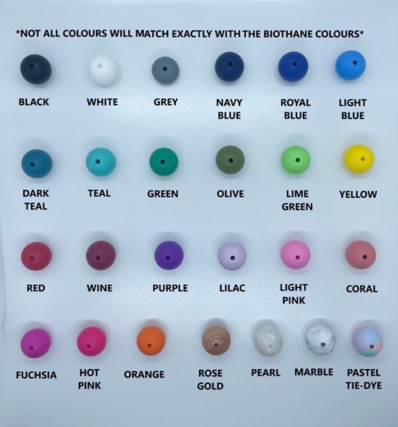 May include: A chart showing 20 different colors of round beads. The colors are labeled with their names, including black, white, grey, navy blue, royal blue, light blue, dark teal, teal, green, olive, lime green, yellow, red, wine, purple, lilac, light pink, coral, fuchsia, hot pink, orange, rose gold, pearl, marble, and pastel tie-dye.