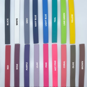 May include: A color chart showing 18 different colors of silicone. The colors are arranged in two rows of nine. The colors are: black, white, grey, navy blue, light blue, teal, lime green, yellow, red, wine, purple, lilac, pink, hot pink, coral, olive, brown.