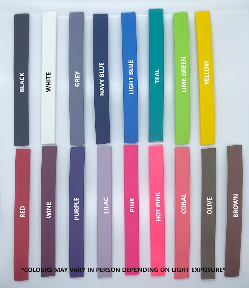 May include: A color chart showing 18 different colors of silicone. The colors are arranged in two rows of nine. The colors are: black, white, grey, navy blue, light blue, teal, lime green, yellow, red, wine, purple, lilac, pink, hot pink, coral, olive, brown.