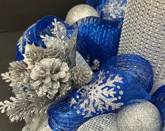 Blue, silver, and white Christmas centerpiece | Luxury Christmas Centerpiece | Blue and white Christmas Centerpiece