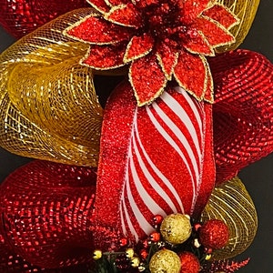 Christmas Garland (Deco Mesh) | Peppermint Garland | Candy Garland | Red and Gold Christmas Garland | Red, Gold and  White Stripe Garland