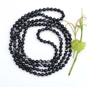Banded Agate Necklace 44 In, Long Hand Knotted Beaded Necklace, Double Wrap Necklace Or Wrapped Bracelet, Black Gemstone Bead Jewelry
