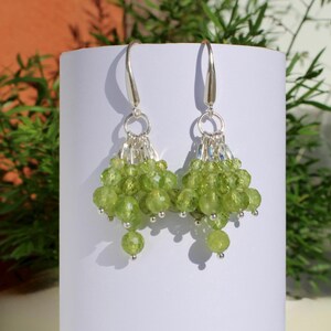 Peridot Sterling Silver Cluster Earrings: Dangling Green Gemstone Drops